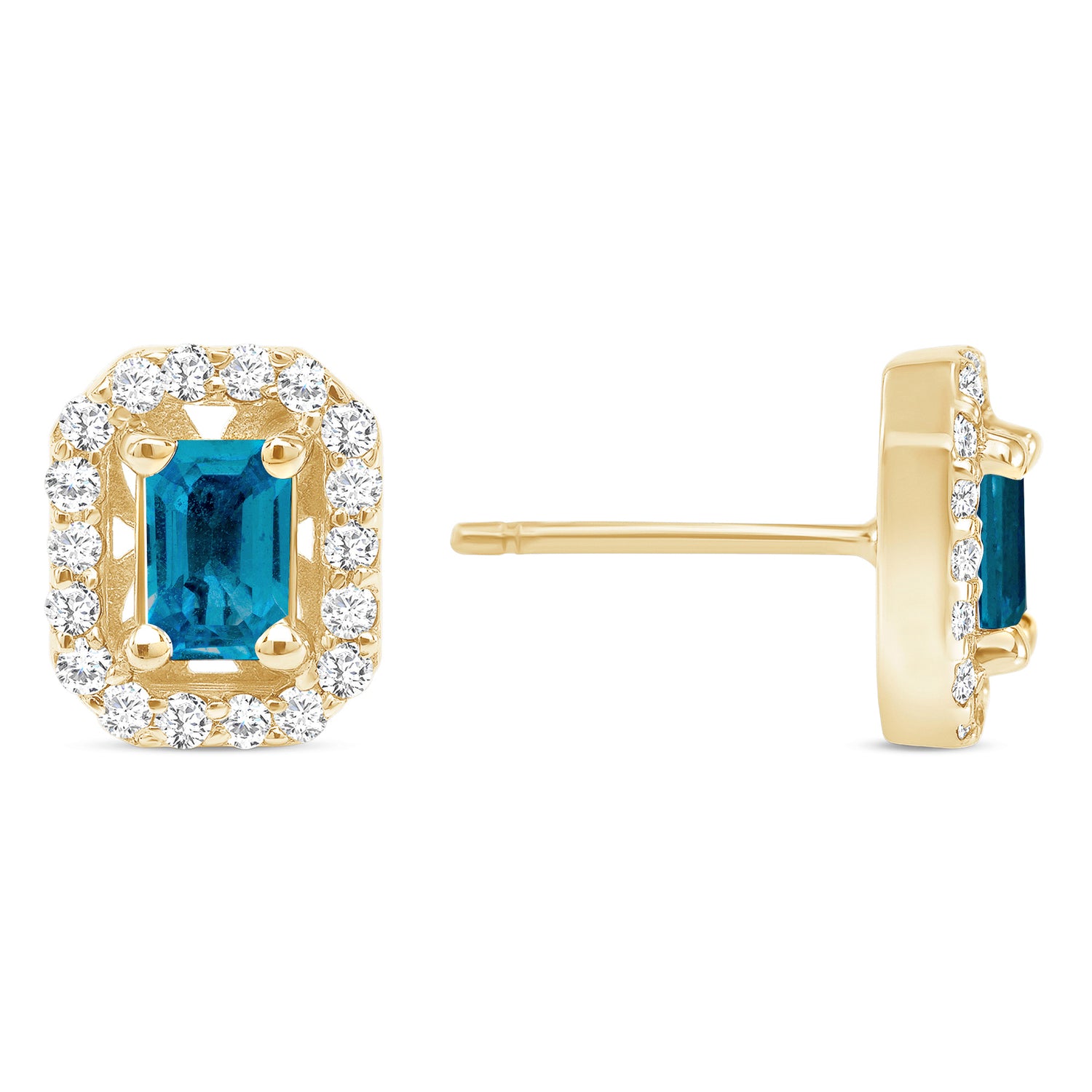 14K Gold Diamond London Blue Topaz Halo Stud Earrings - Abtin & Company 