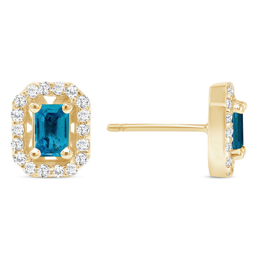 14K Gold Diamond London Blue Topaz Halo Stud Earrings - Abtin & Company 