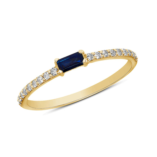 14K Yellow Gold Diamond & Baguette Blue Sapphire stackable Dainty Band - Abtin & Company 