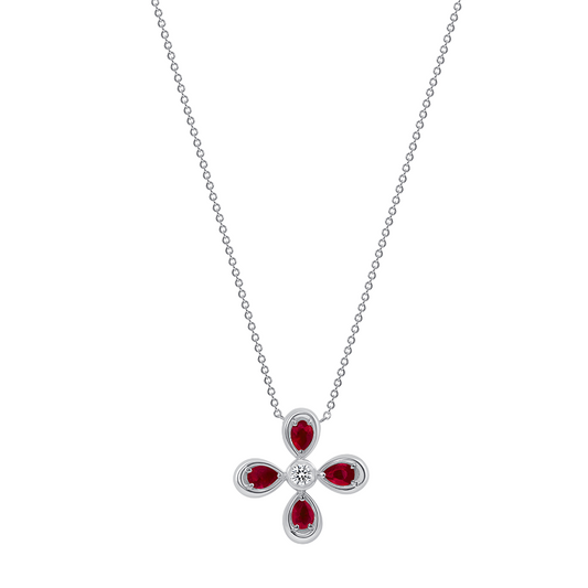 14K White Gold Ruby & Diamond Flower Pendant - Abtin & Company 