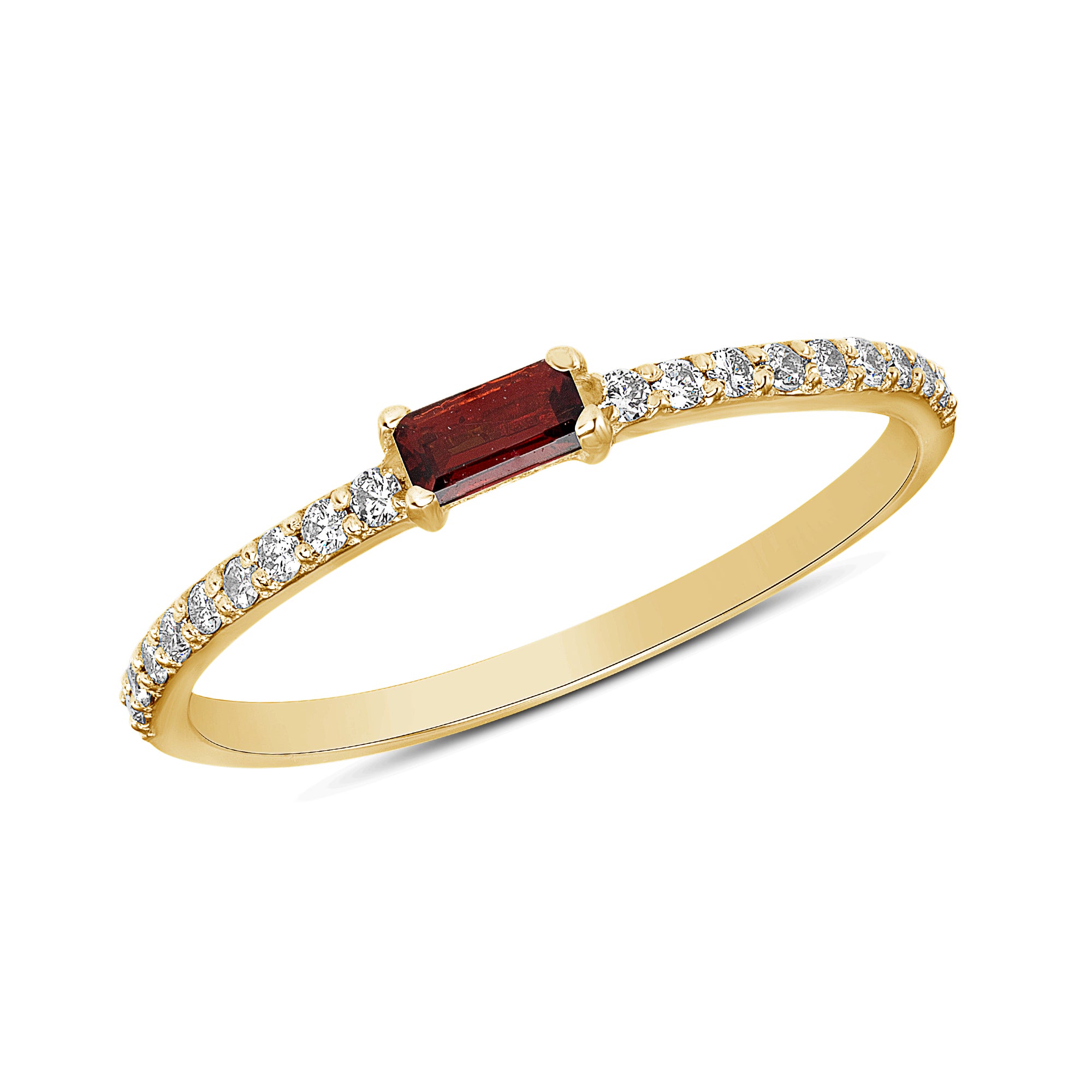 14K Yellow Gold Diamond & Garnet Baguette Stackable Minimal Dainty Band - Abtin & Company 