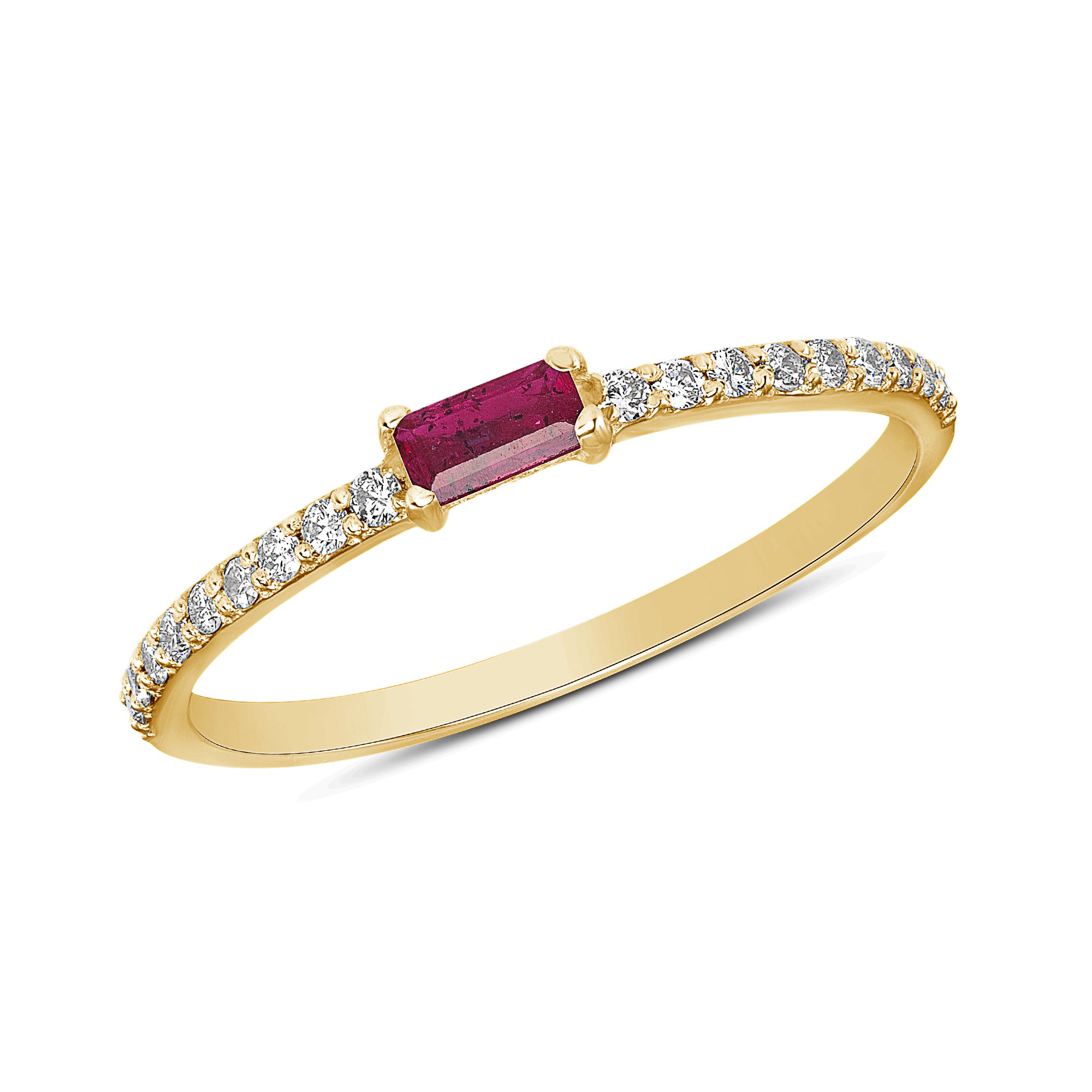 14K Yellow Gold Diamond & Ruby Baguette Stackable Minimal Dainty Band - Abtin & Company 