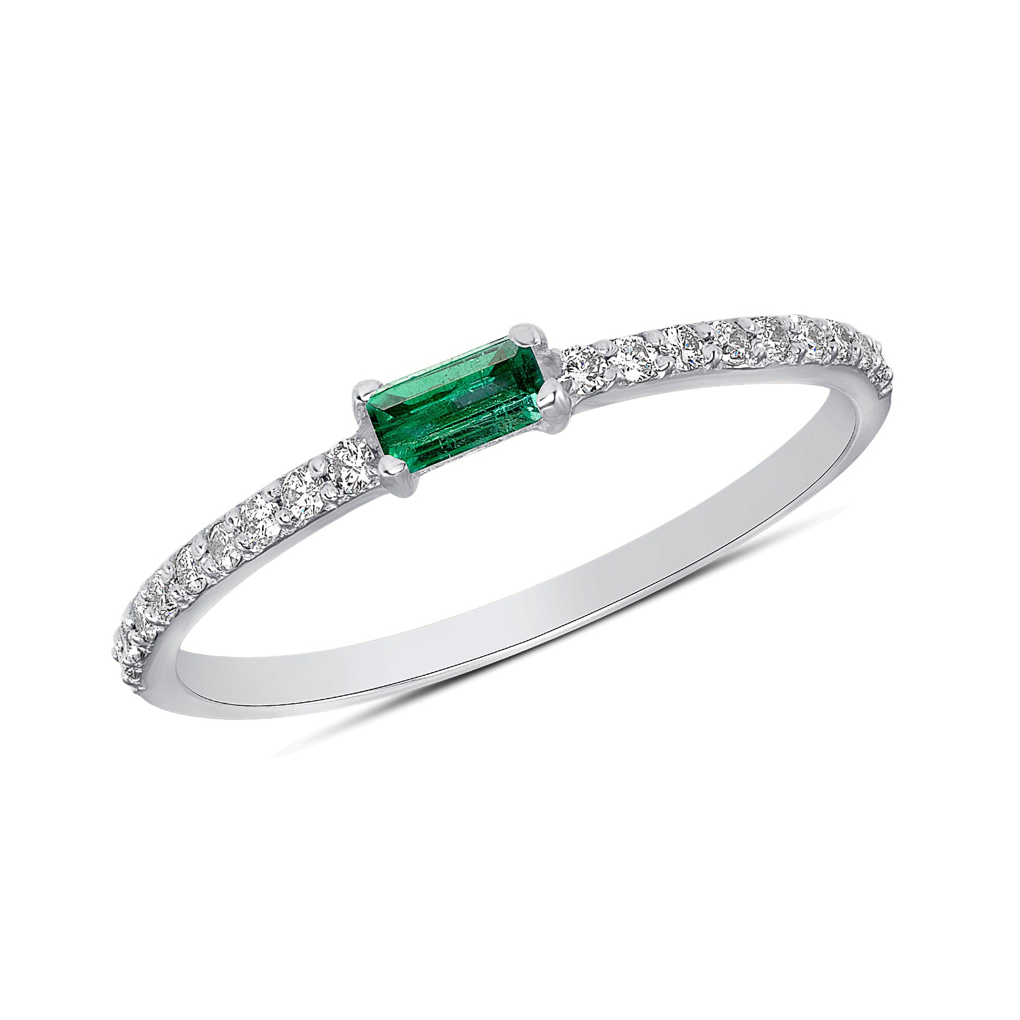 14K White Gold Diamond & Emerald Baguette Stackable Ring Wedding Band - Abtin & Company 