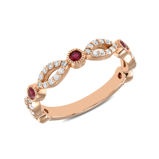 14K Rose Gold Diamond & Ruby Bead & Eye Bezel Set Stacking Ring - Abtin & Company 