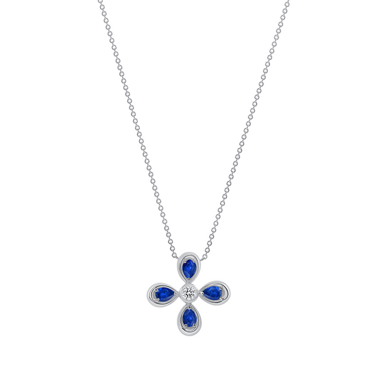 14K White Gold Blue Sapphire & Diamond Flower Pendant - Abtin & Company 