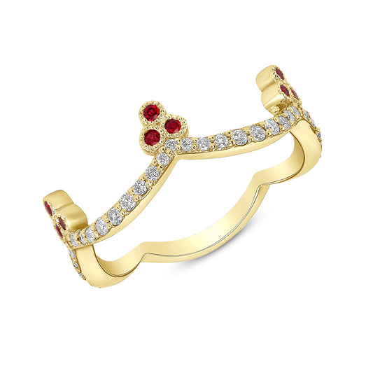 14K Yellow Gold Diamond & Ruby Crown Ring Stackable Band - Abtin & Company 
