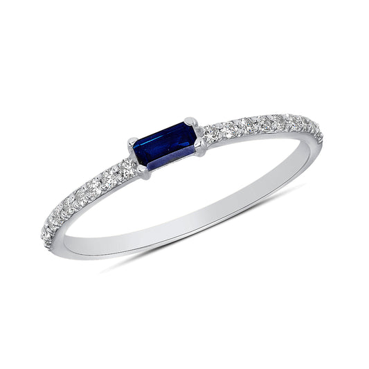 14K White Gold Diamond & Blue Sapphire Baguette Stackable Band - Abtin & Company 
