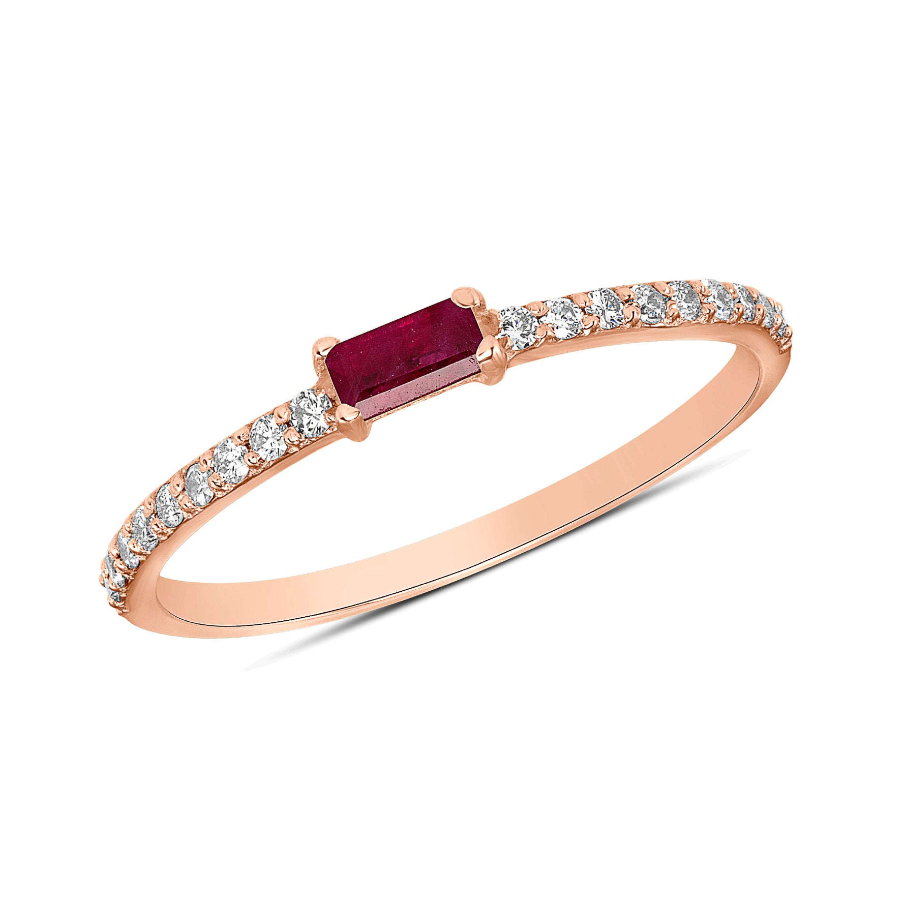 14K Rose Gold Diamond & Ruby Baguette Stackable Band - Abtin & Company 