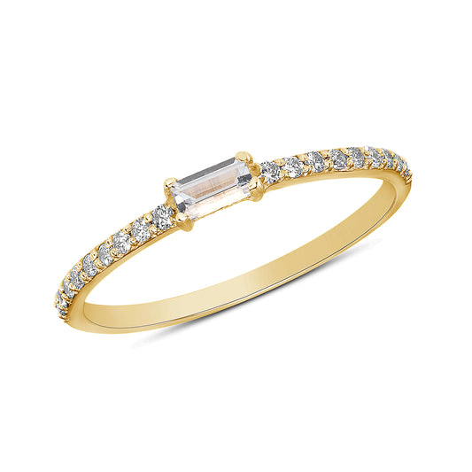 14K Yellow Gold Diamond & White Sapphire Baguette Stackable Ring Minimal Dainty Band - Abtin & Company 