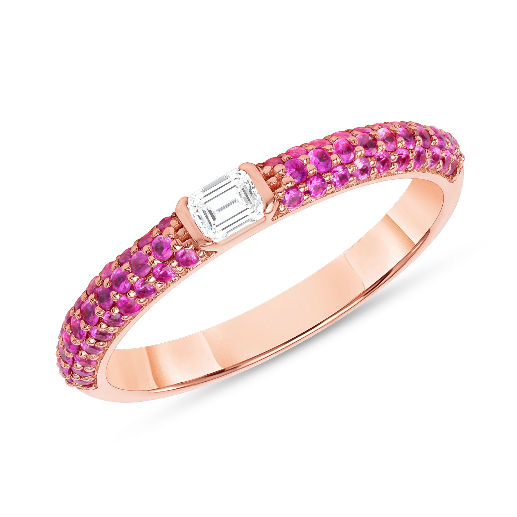 14K Rose Gold Pink Sapphire & Emerald-cut Diamond Half Eternity Stackable Ring - Abtin & Company 