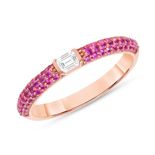 14K Rose Gold Pink Sapphire & Emerald-cut Diamond Half Eternity Stackable Ring - Abtin & Company 