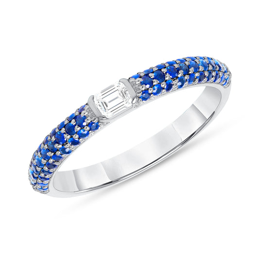 14K White Gold Blue Sapphire & Emerald-cut Diamond Half Eternity Stackable Ring - Abtin & Company 
