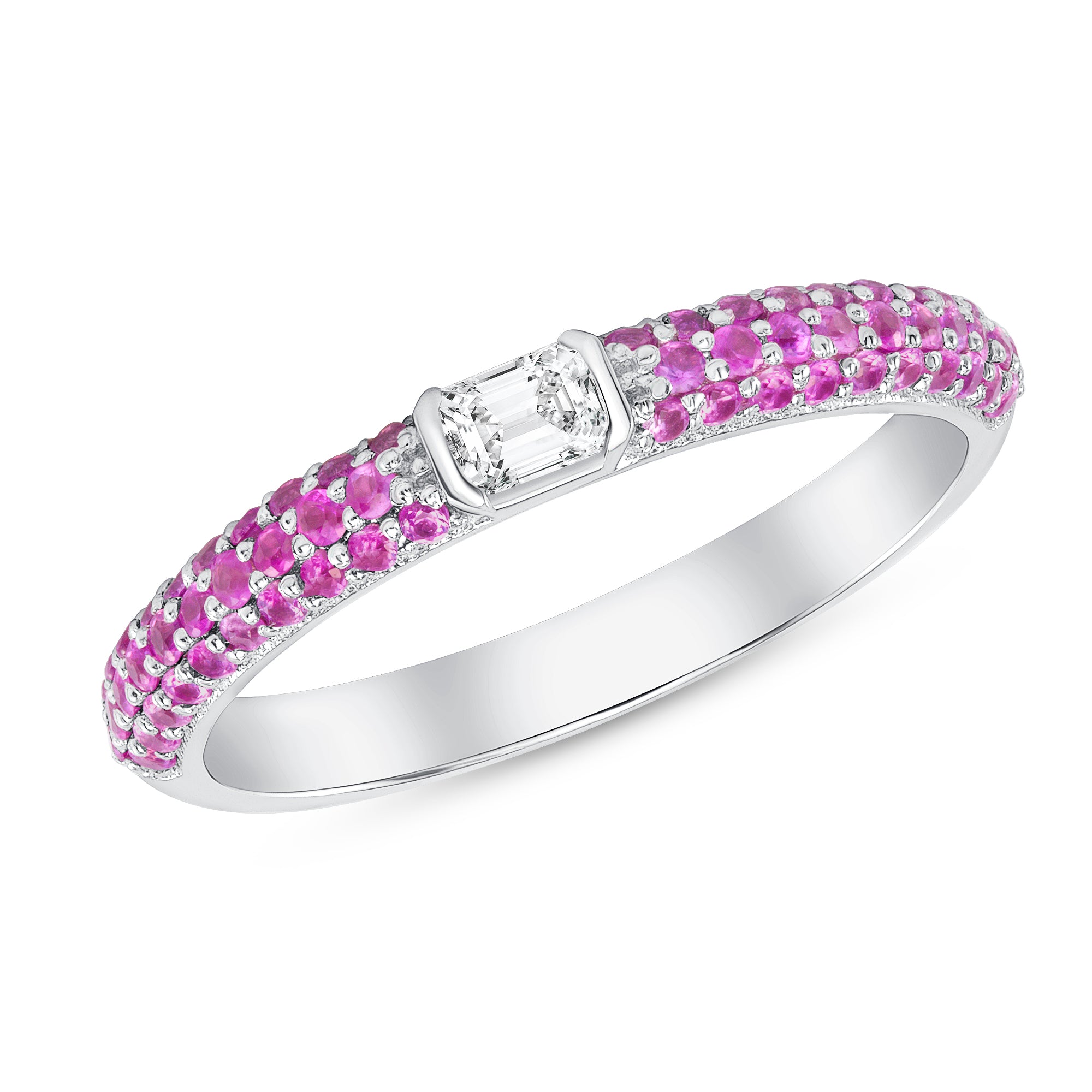 14K White Gold Pink Sapphire & Emerald-cut Diamond Half Eternity Stackable Ring - Abtin & Company 