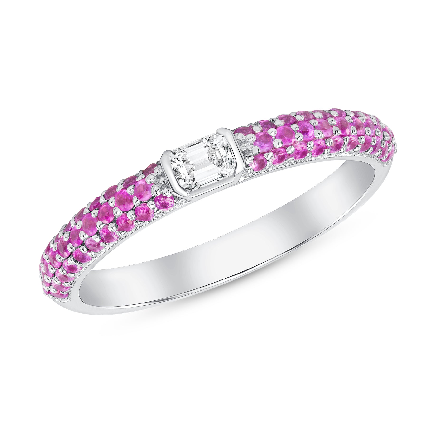 14K White Gold Pink Sapphire & Emerald-cut Diamond Half Eternity Stackable Ring - Abtin & Company 