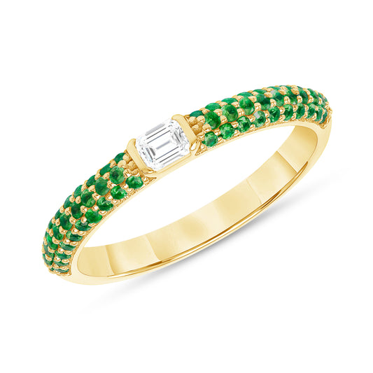 14K Yellow Gold Emerald & Emerald-cut Diamond Half Eternity Stackable Ring - Abtin & Company 