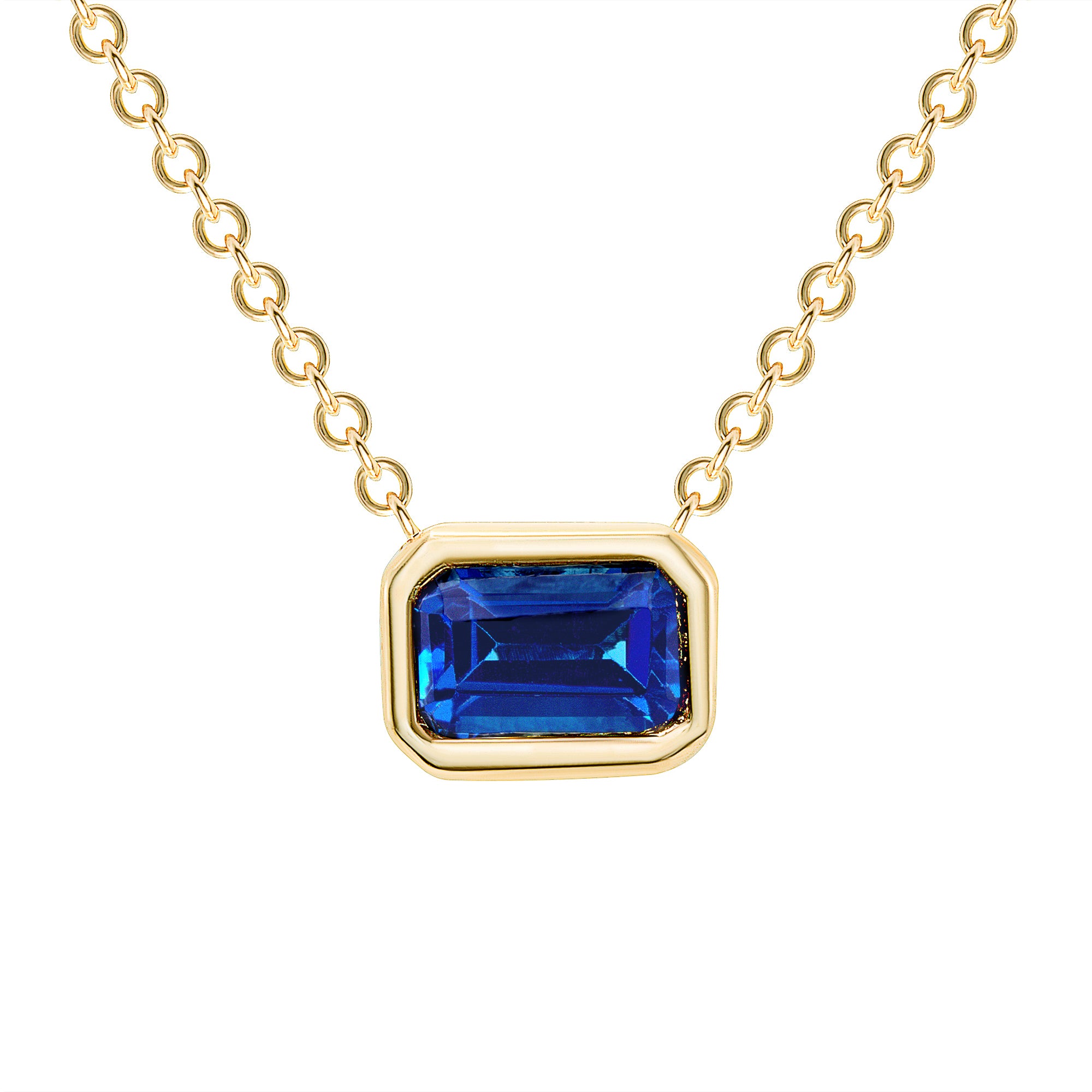 14K Gold Emerald Cut Blue Sapphire Bezel Necklace - Abtin & Company 