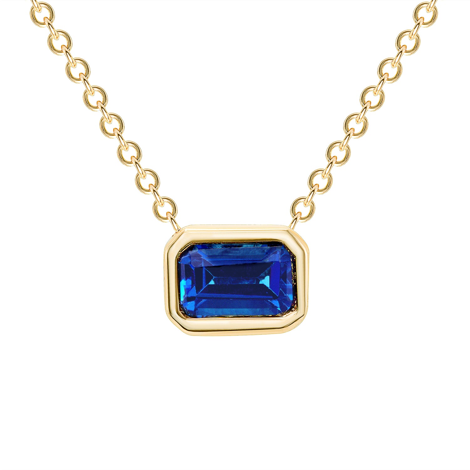 14K Gold Emerald Cut Blue Sapphire Bezel Necklace - Abtin & Company 