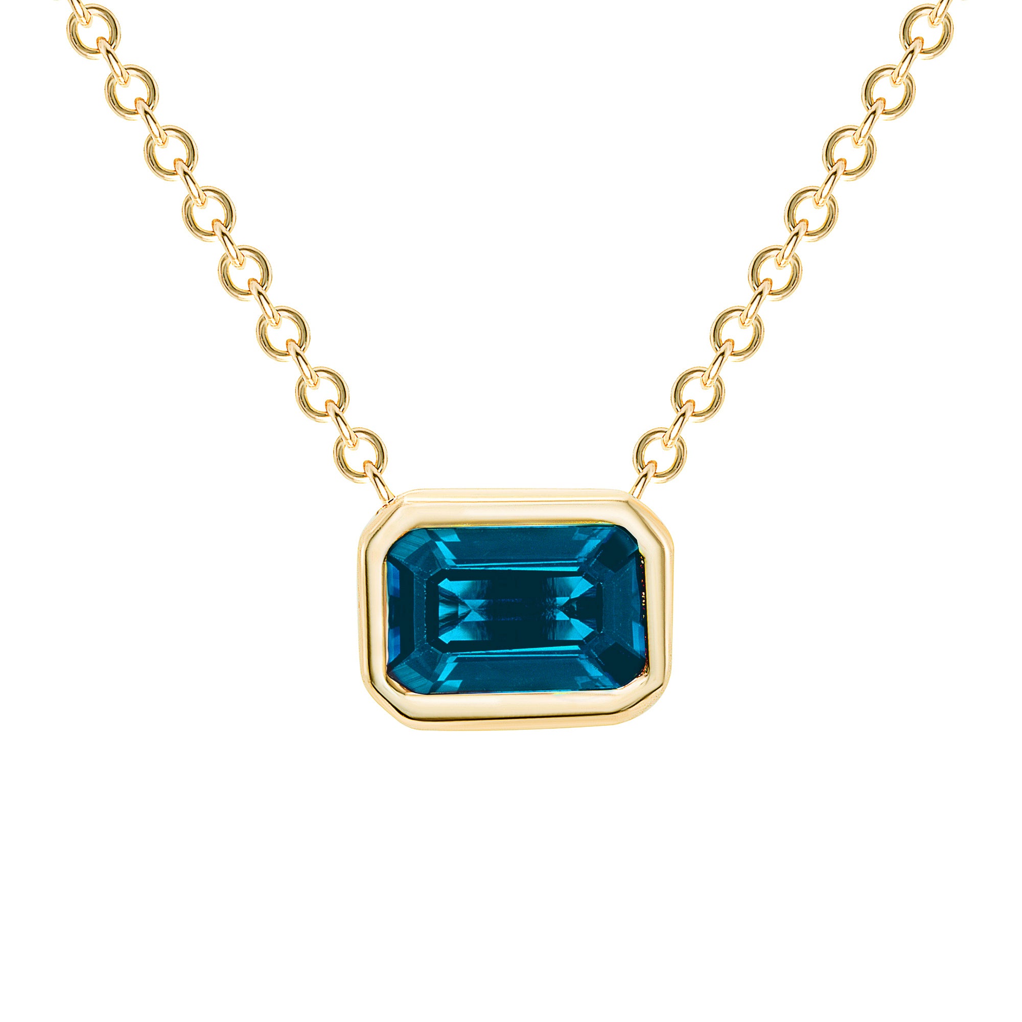 14K Gold Emerald Cut London Blue Topaz Bezel Necklace - Abtin & Company 
