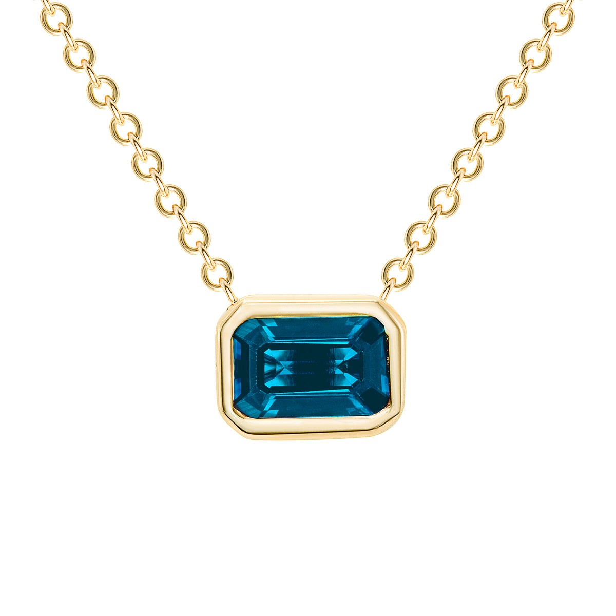 14K Gold Emerald Cut London Blue Topaz Bezel Necklace - Abtin & Company 