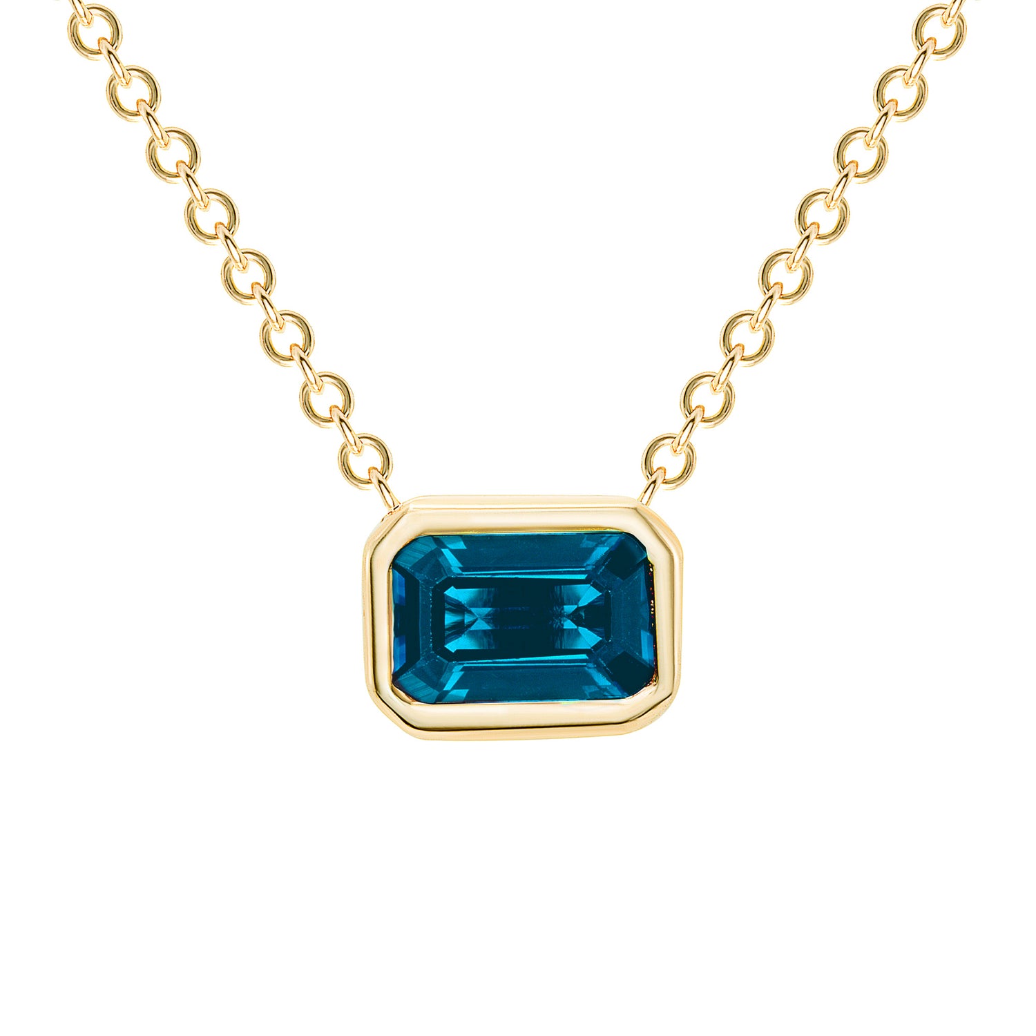 14K Gold Emerald Cut London Blue Topaz Bezel Necklace - Abtin & Company 