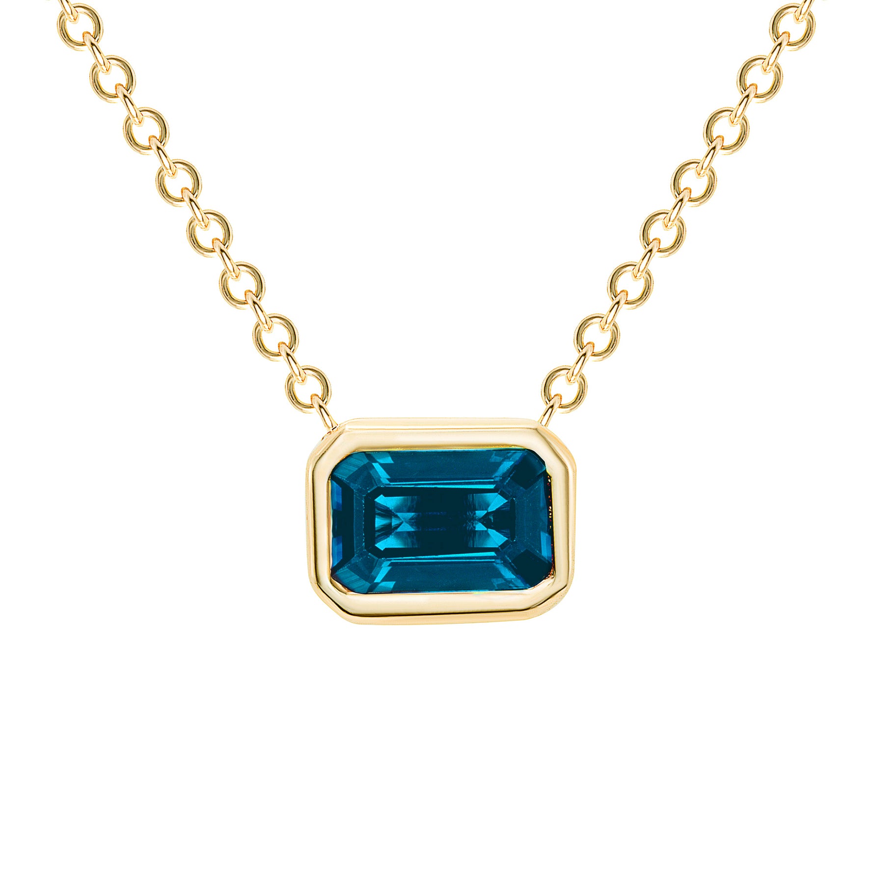 14K Gold Emerald Cut London Blue Topaz Bezel Necklace - Abtin & Company 