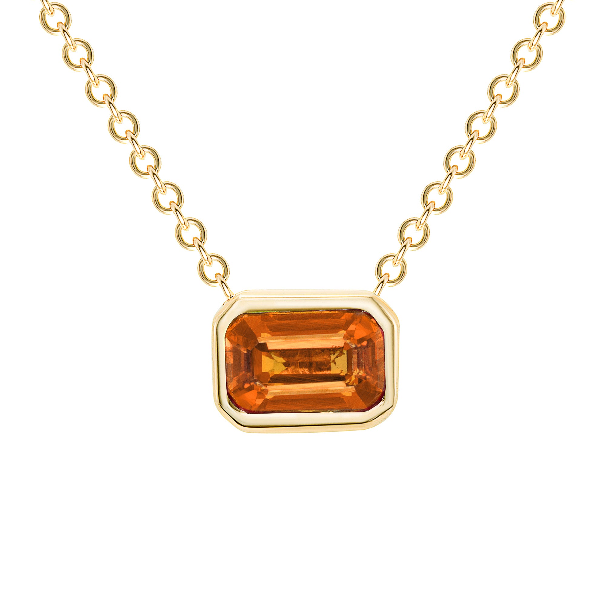 14K Gold Emerald Cut Orange Sapphire Bezel Necklace - Abtin & Company 