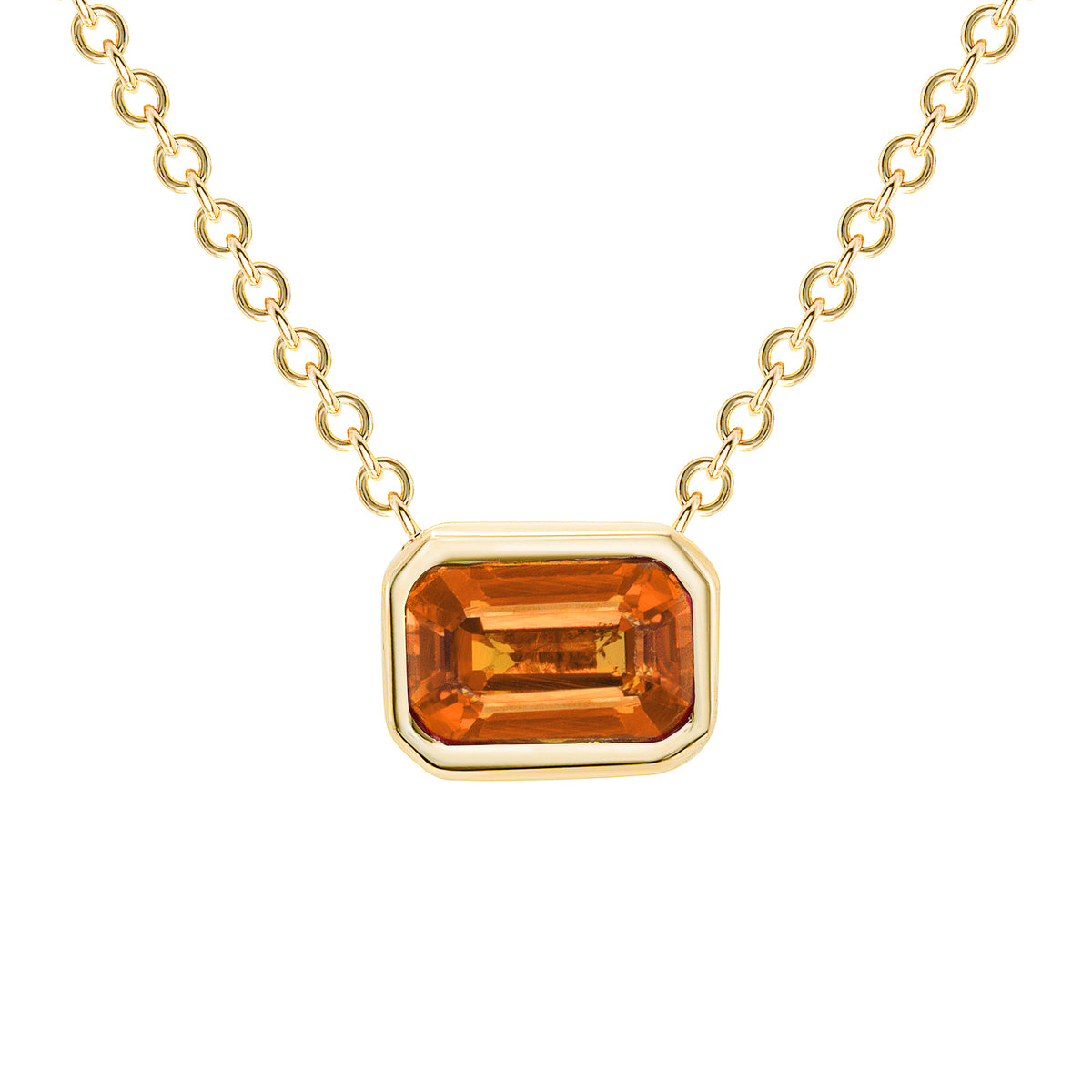 14K Gold Emerald Cut Orange Sapphire Bezel Necklace - Abtin & Company 