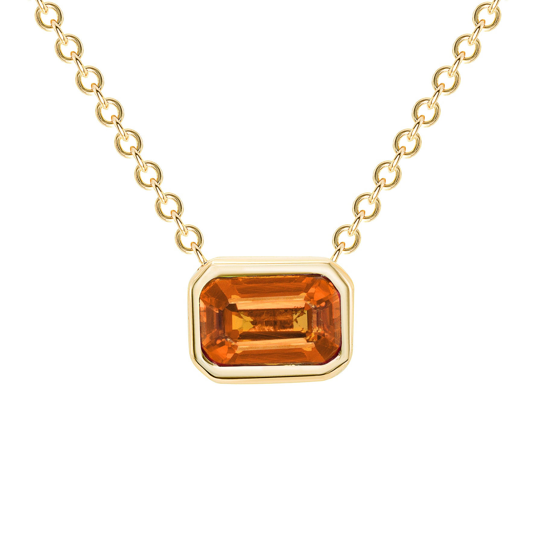 14K Gold Emerald Cut Orange Sapphire Bezel Necklace - Abtin & Company 