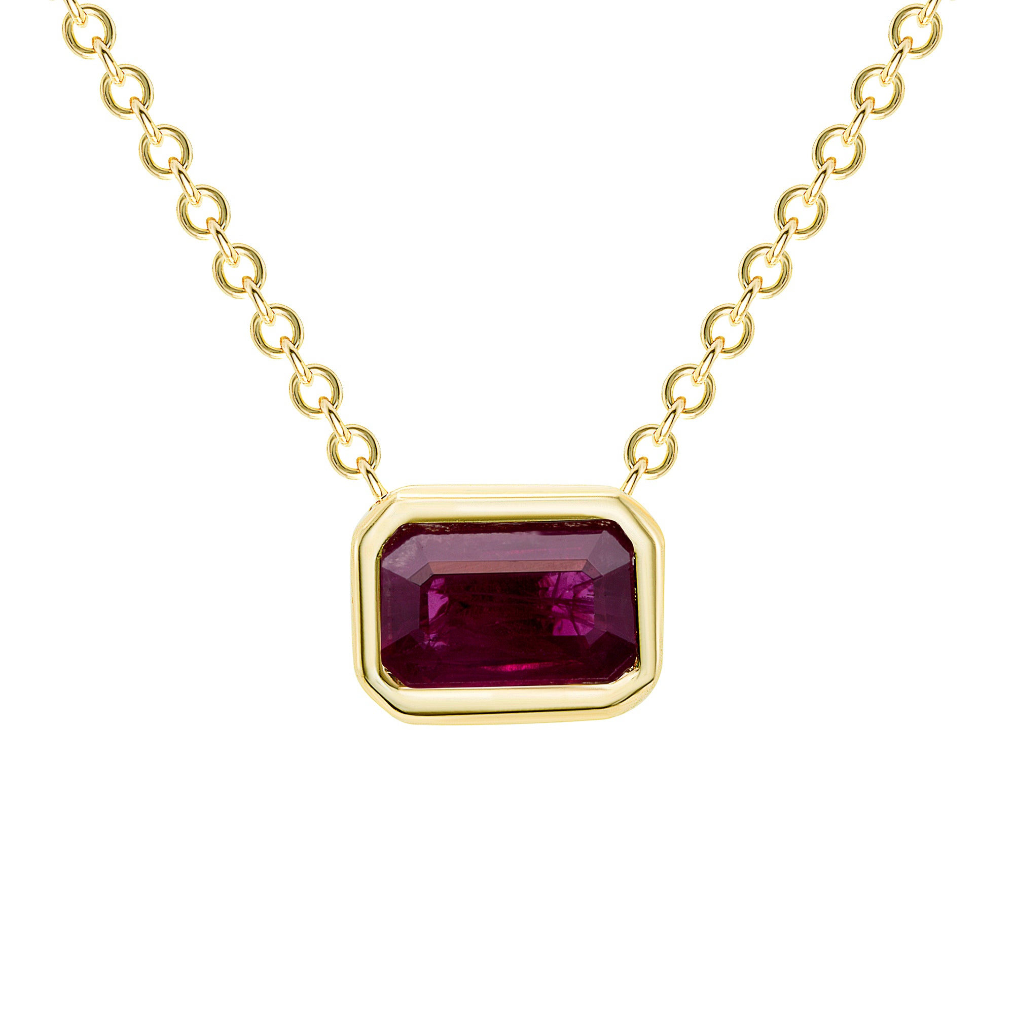 14K Gold Emerald Cut Ruby Bezel Necklace - Abtin & Company 