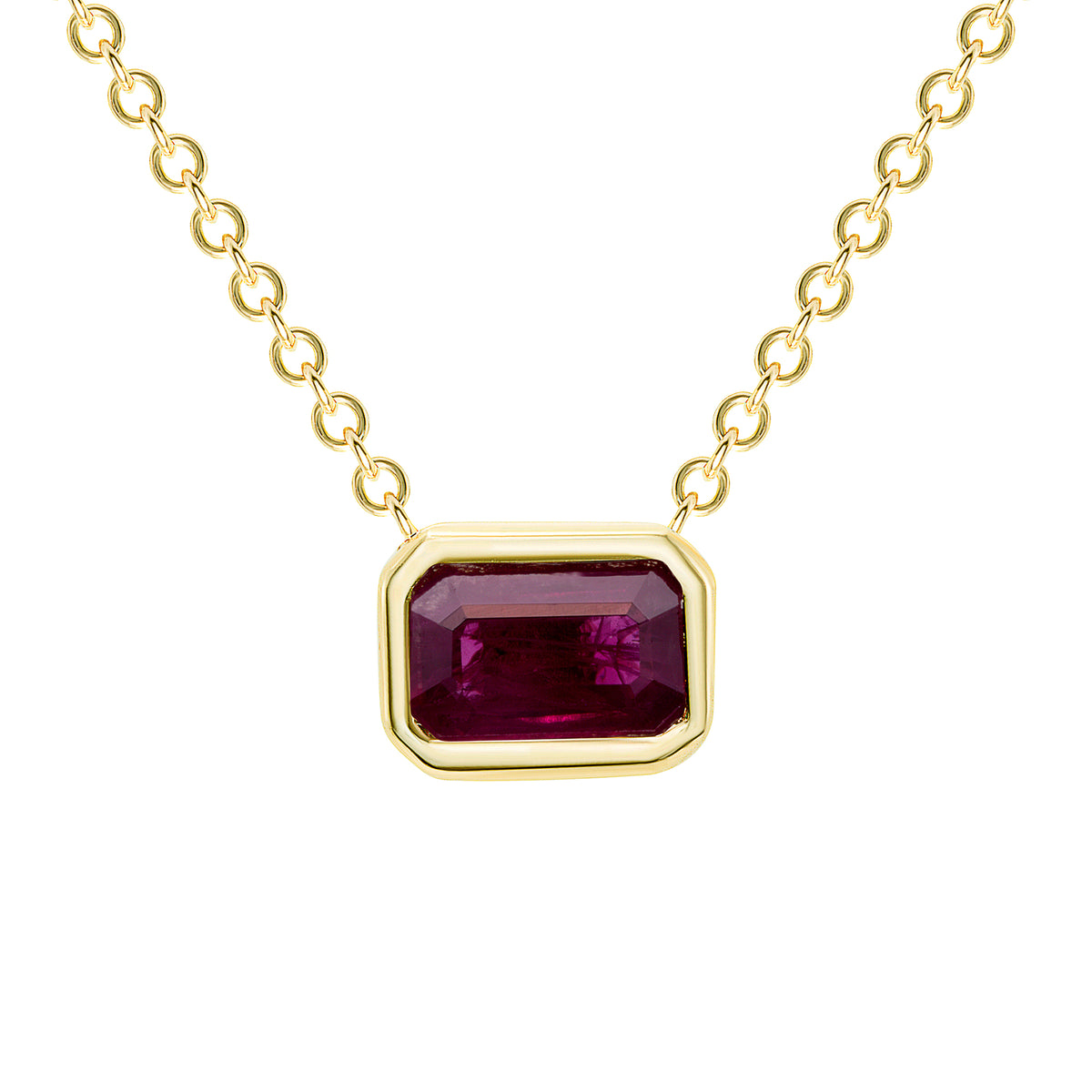 14K Gold Emerald Cut Ruby Bezel Necklace - Abtin & Company 
