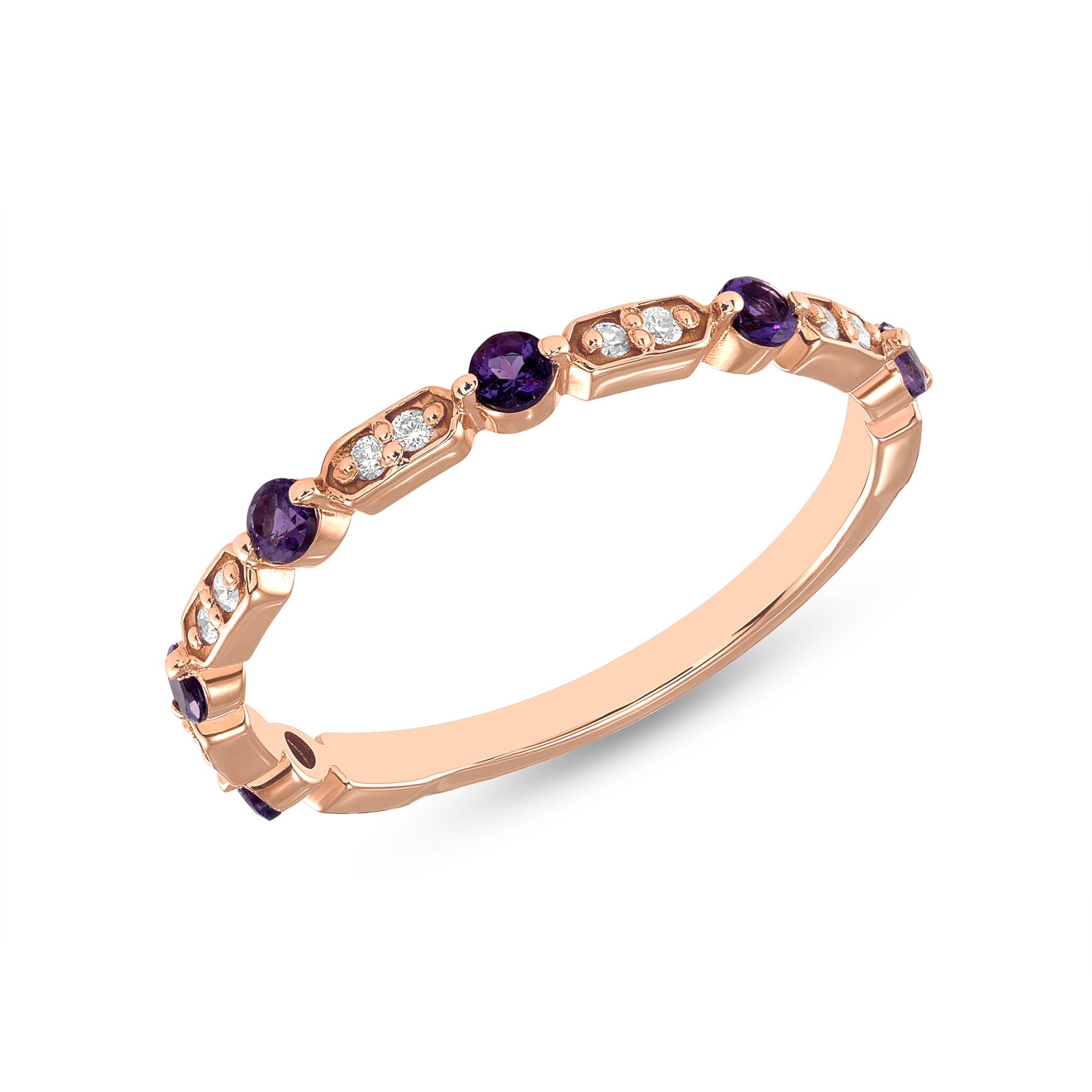 14K Rose Gold Diamond & Amethyst Vintage Deco Stacking Wedding Band - Abtin & Company 