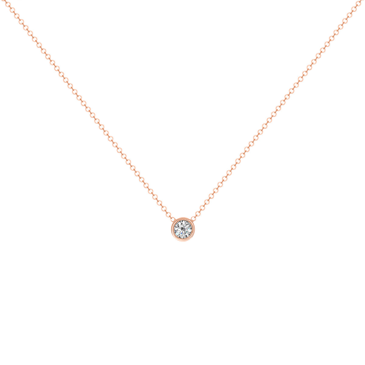 14K Gold Diamond Solitaire Necklace Bezel Set Pendant/Round Diamond Necklace - Abtin & Company 