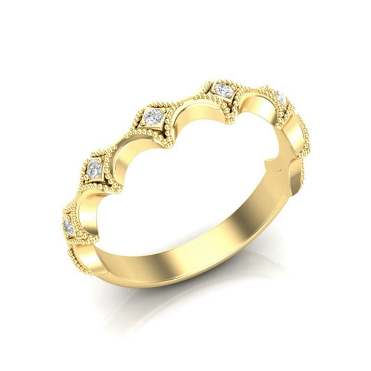 14k Gold Diamond Lozenge Shaped Vintage Style Stackable Ring Wedding Band - Abtin & Company 
