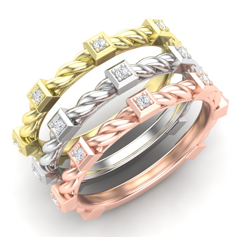 14k Gold Bezel Set Diamond Petite twist Stackable Wedding Band - Abtin & Company 