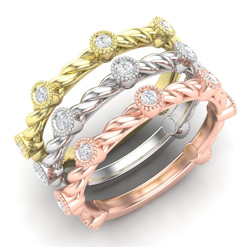 14k Gold Bezel Set Diamond Petite Twist Stackable Ring Wedding Band - Abtin & Company 