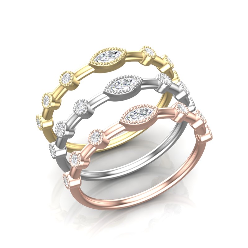 14k Gold Marquise Diamond Milgrain Bezel-Set Stackable Ring - Abtin & Company 