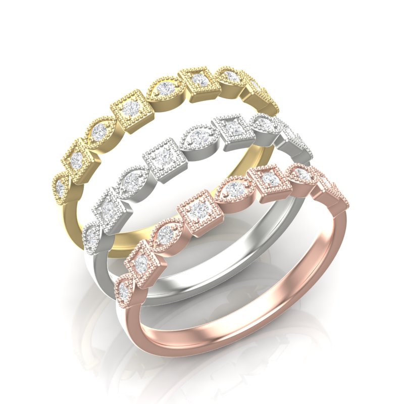 14k Gold Diamond Art Deco Square Marquise Stackable Ring/Wedding Band - Abtin & Company 