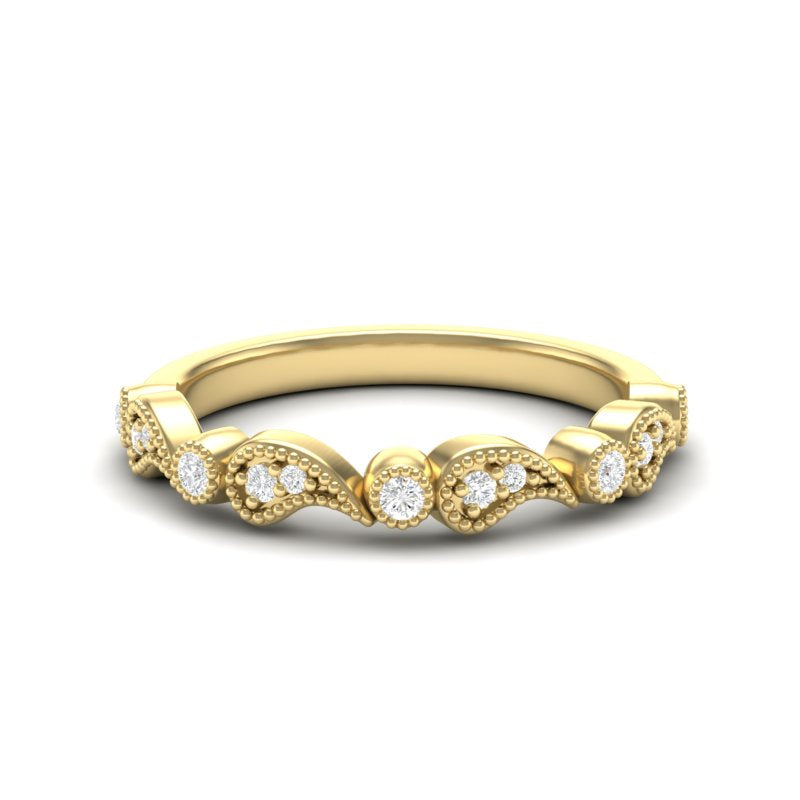 14k Gold Diamond Vintage Milgrain Paisley Stackable Ring Wedding Band - Abtin & Company 
