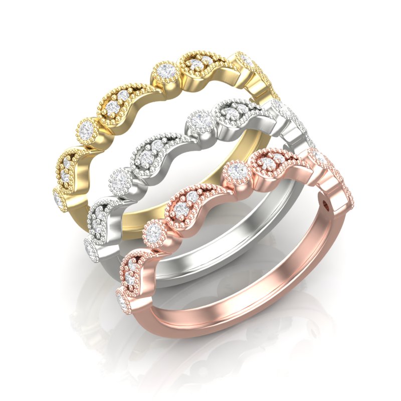 14k Gold Diamond Vintage Milgrain Paisley Stackable Ring Wedding Band - Abtin & Company 