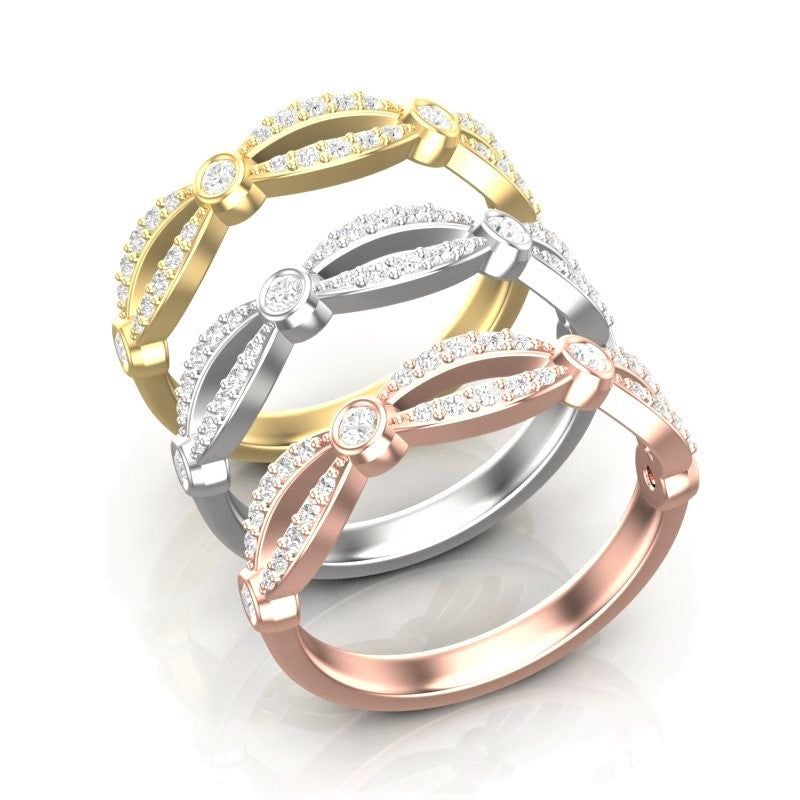 14k Gold Diamond Marquise & Dot Bezel Stackable Wedding Band - Abtin & Company 