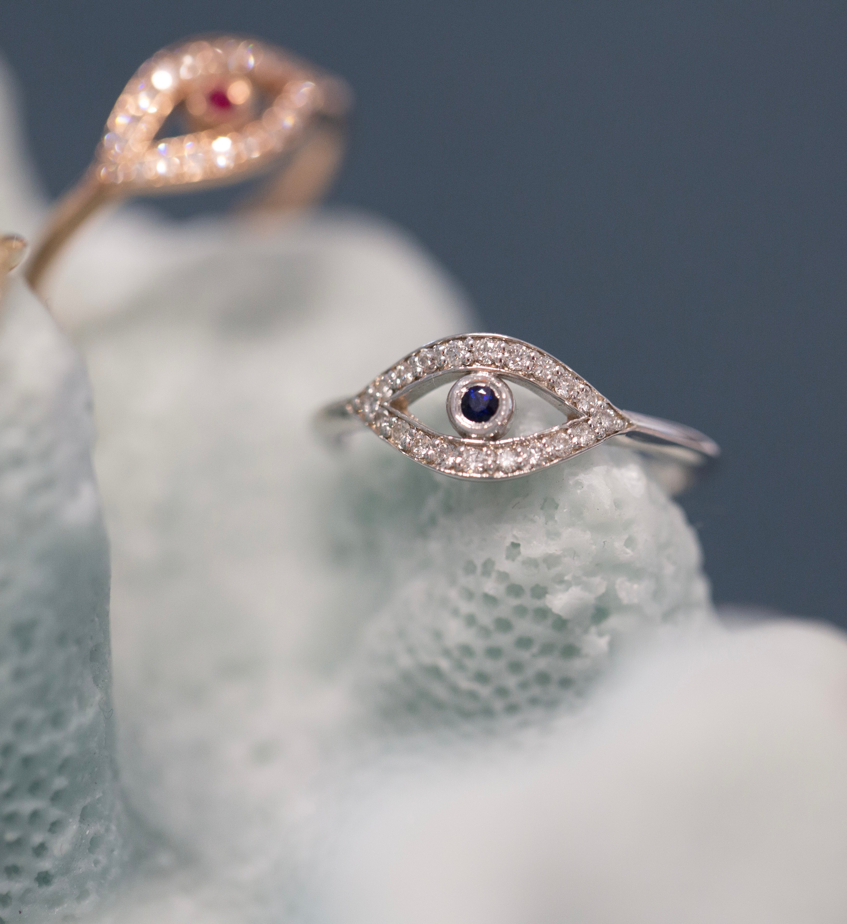 14K Yellow Gold Diamond & Blue Sapphire Evil Eye Ring - Abtin & Company 