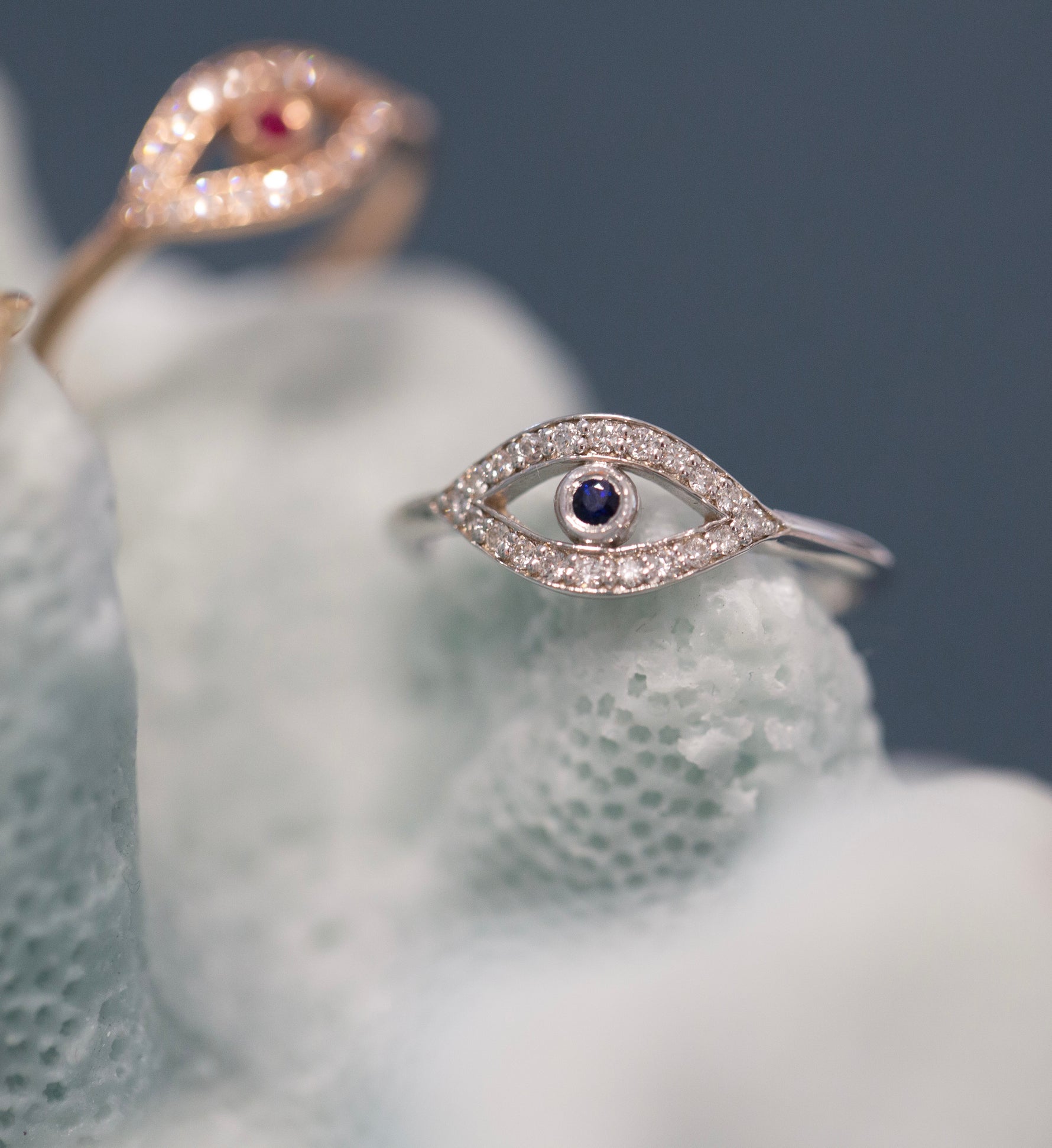 14K Yellow Gold Diamond & Blue Sapphire Evil Eye Ring - Abtin & Company 