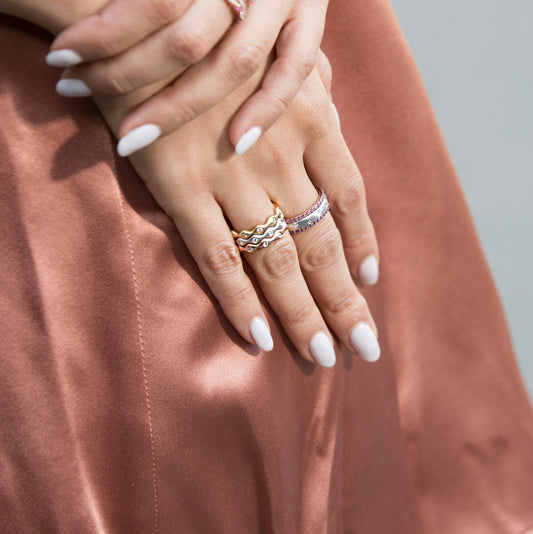 14k Gold Wave Design Diamond Band Stacking Ring - Abtin & Company 