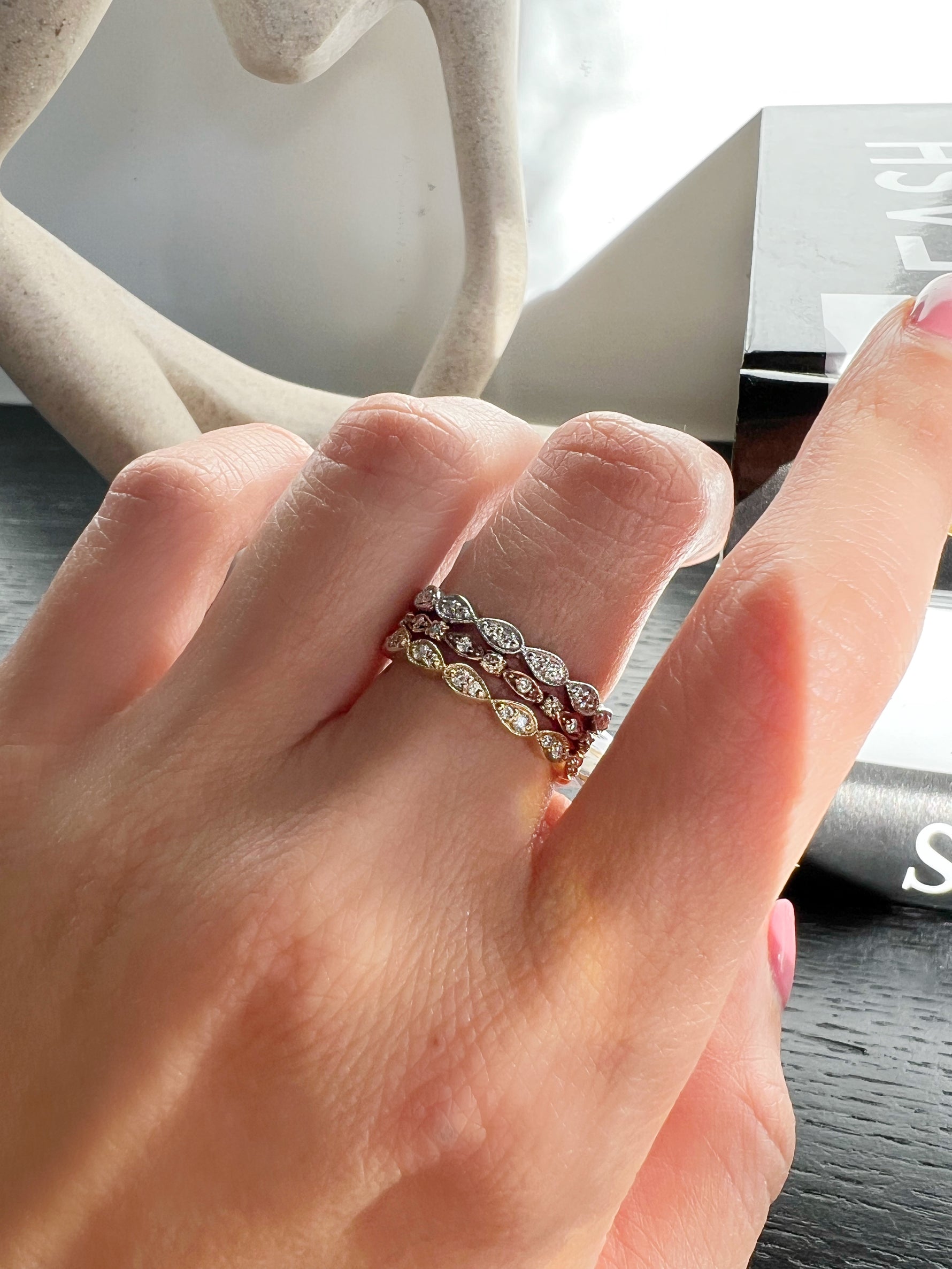 14k Gold Milgrain Pear-shape Diamond Stackable Wedding Band - Abtin & Company 