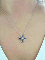 14K White Gold Blue Sapphire & Diamond Flower Pendant - Abtin & Company 