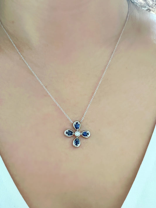 14K White Gold Blue Sapphire & Diamond Flower Pendant - Abtin & Company 