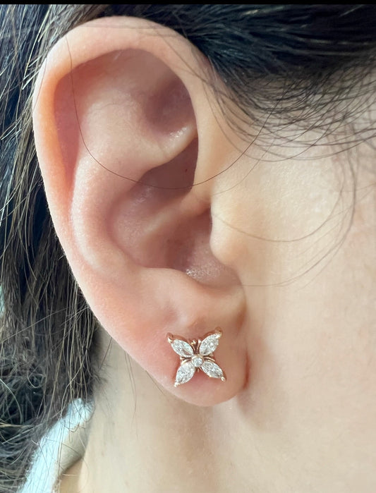 14K Gold Floral Style Marquise-cut Diamond Stud Earrings - Abtin & Company 