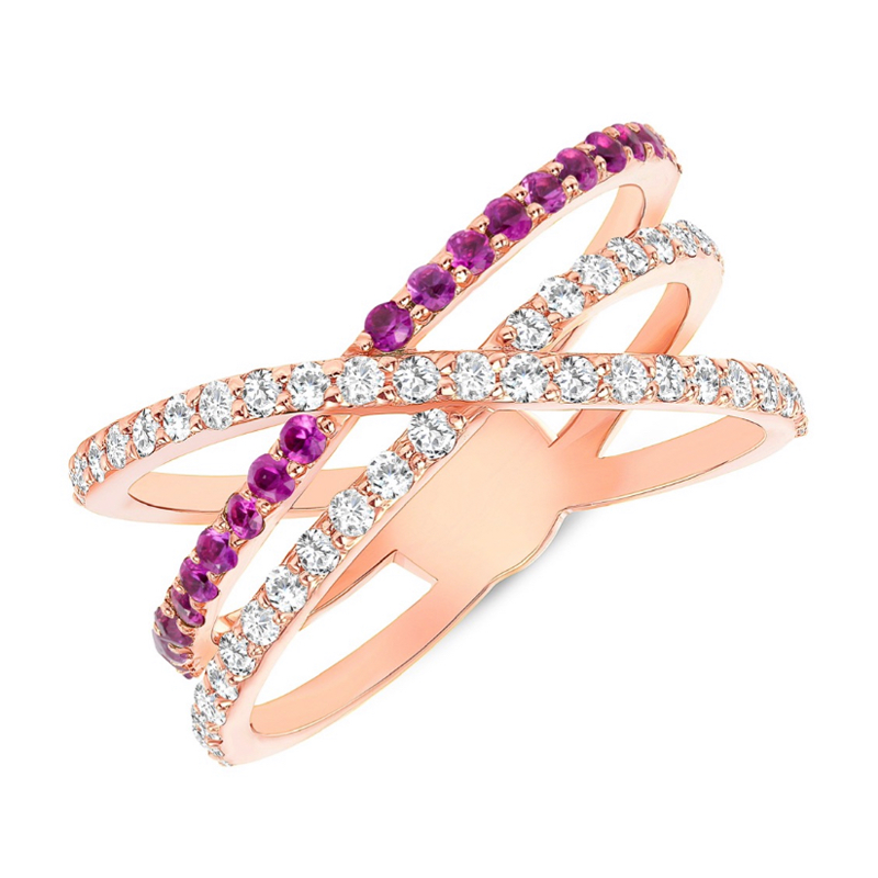 14K Rose Gold Diamond & Pink Sapphire Criss-Cross Ring - Abtin & Company 