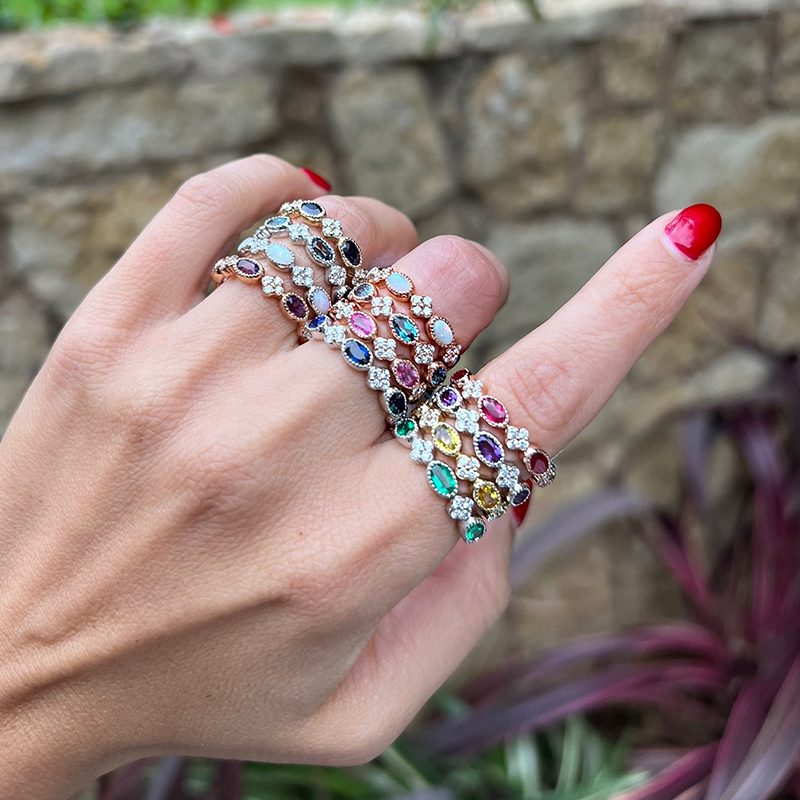 14K Rose Gold Diamond Clover And Milgrain Amethyst Stackable Ring - Abtin & Company 