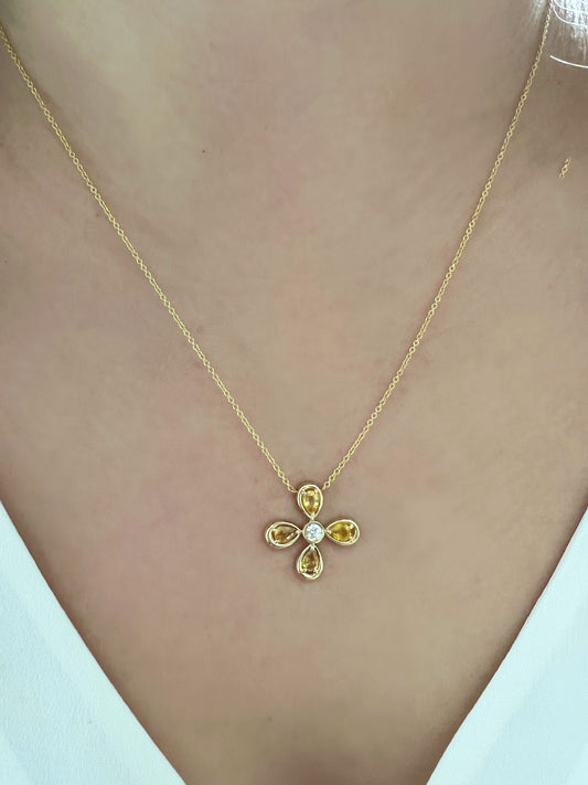 14K Yellow Gold Yellow Sapphire & Diamond Flower Pendant - Abtin & Company 